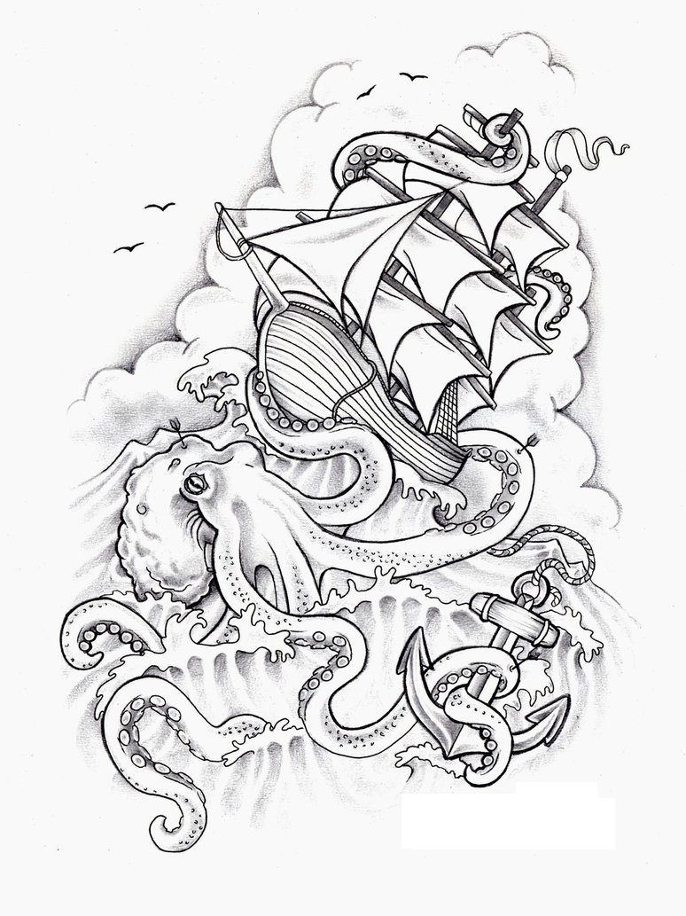 octopus tattoo tattoos ship drawing drawings coloring traditional stencil kraken sketch cool anchor awesome nautical pirate idea thigh printable sleeve