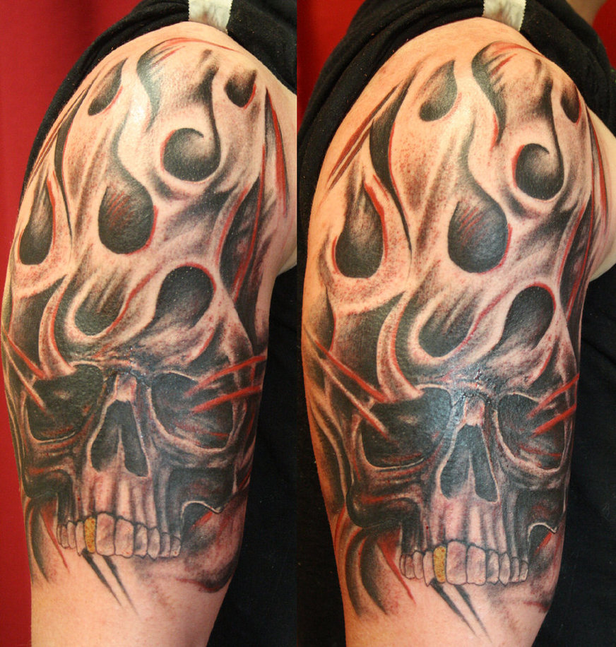 Skull And Flame Sleeve Tattoos