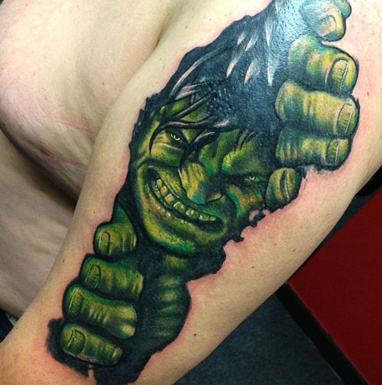 Comic books style amazing colored leg tattoo of angry hulk 