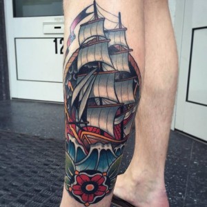 Traditional Ship Leg Tattoo