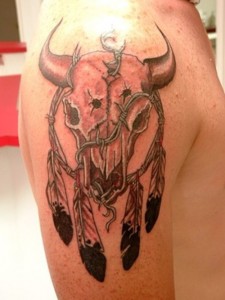Bull Skull with Feathers Tattoo