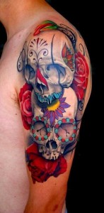 Rose and Skull Sleeve Tattoos