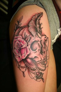 Skull and Roses Tattoo on Thigh