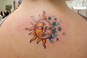 Crescent Moon and Sun Tattoo