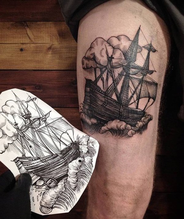 sailboat tattoo thigh