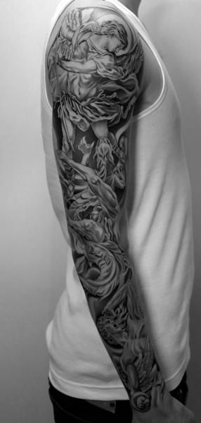 Angel Half Sleeve Tattoo Designs : Demon Sleeve Design ... - Tattoo.com - Amazing dark fallen angel tattoo design on back for men.