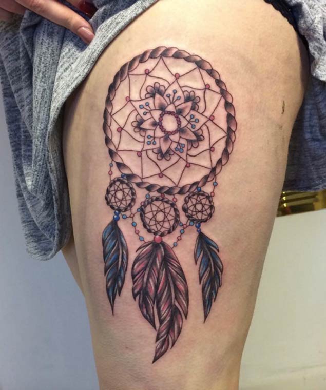 Dream Catcher Thigh Tattoo.