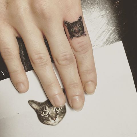 Tiny white cat tattoo located on the finger,